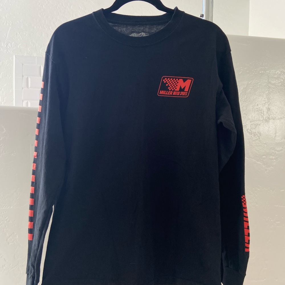 Black Long Sleeve Graphic Tee with Red Accents